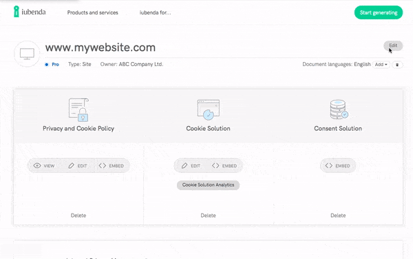 Como mudar o URL do site/aplicativo depois de criar uma política de privacidade/cookies com a iubenda