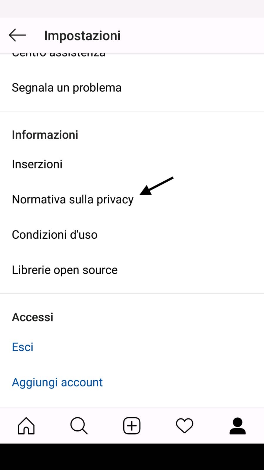 Instagram - Privacy Policy dentro l'app