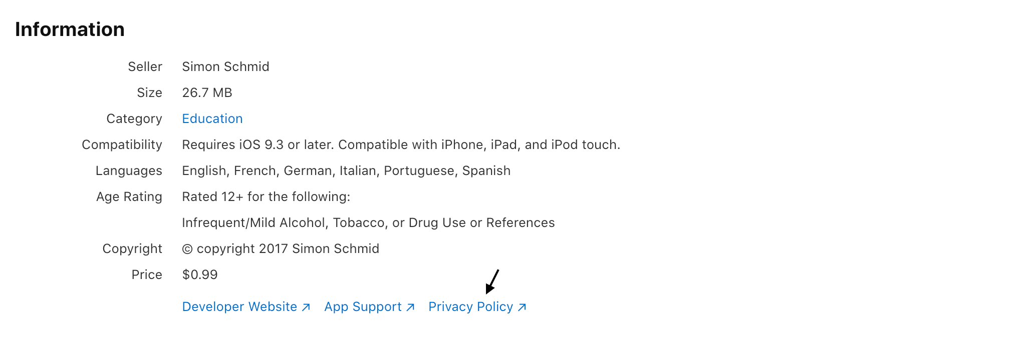 Learnji on the App Store - link para Política de Privacidade