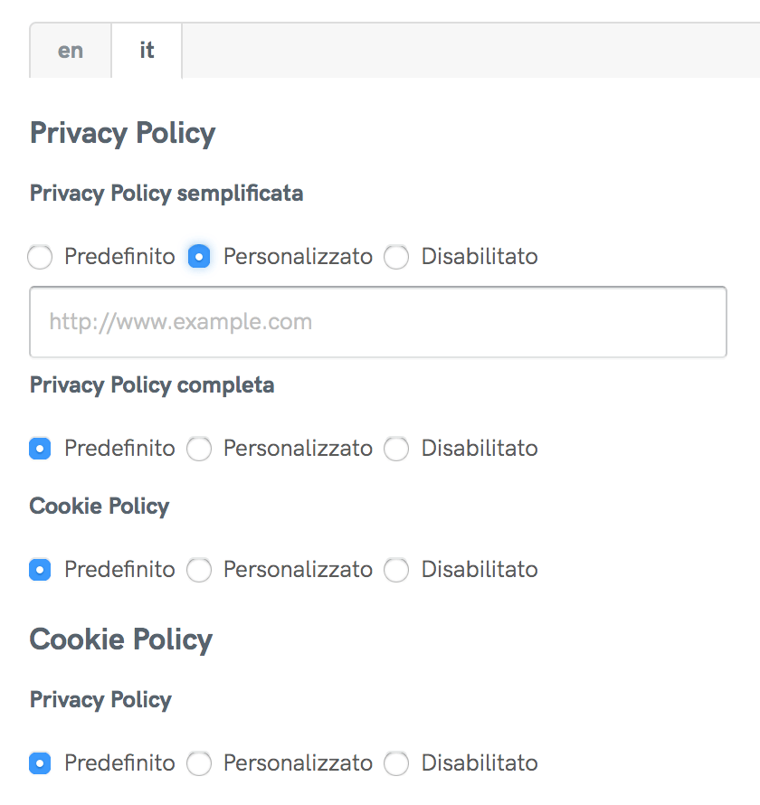Personalizza i link interni della Privacy e Cookie Policy