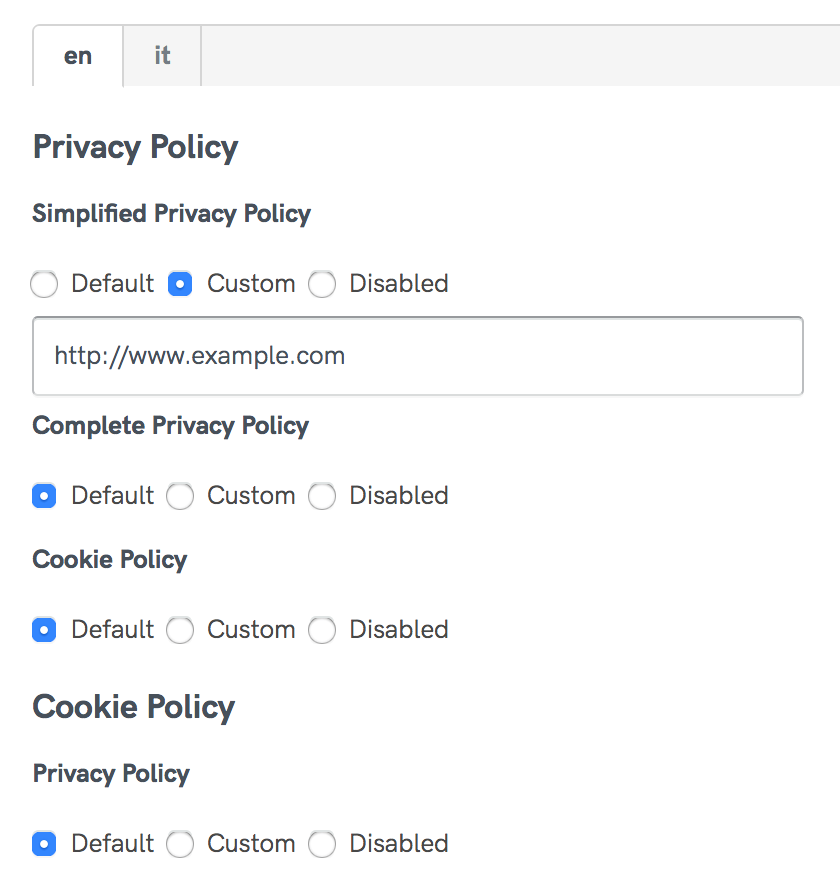 Customizar links internos da Política de Privacidade e Cookies
