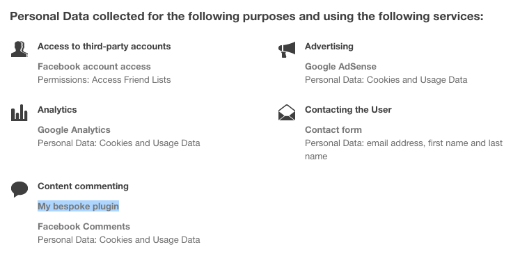 Custom clause added to a purpose category in main privacy policy