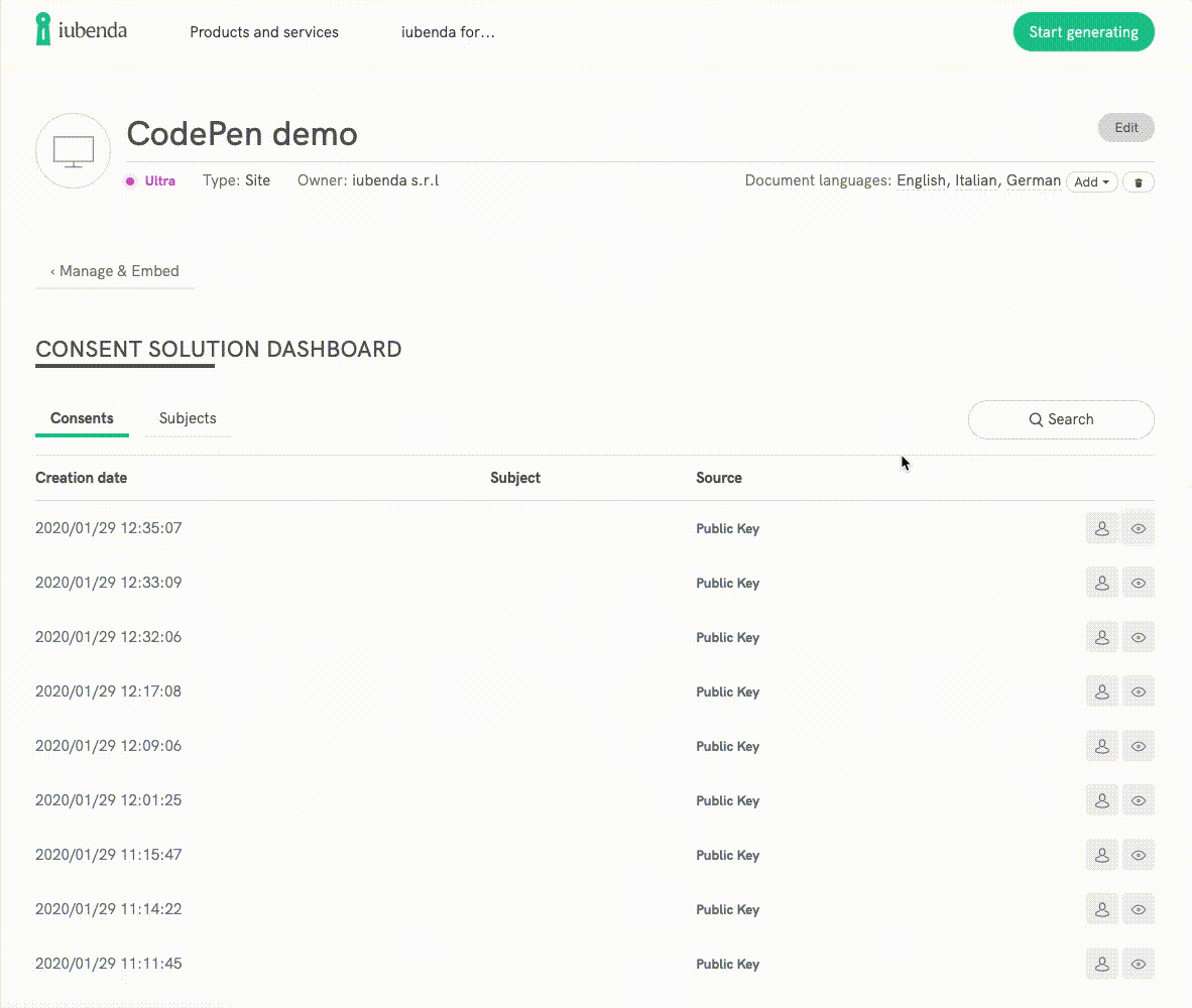 Consent Solution dashboard with cookie preferences