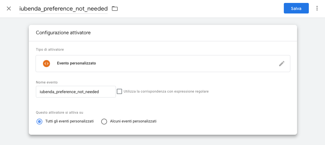 Google Tag Manager - Configurazione attivatore iubenda_preference_not_needed