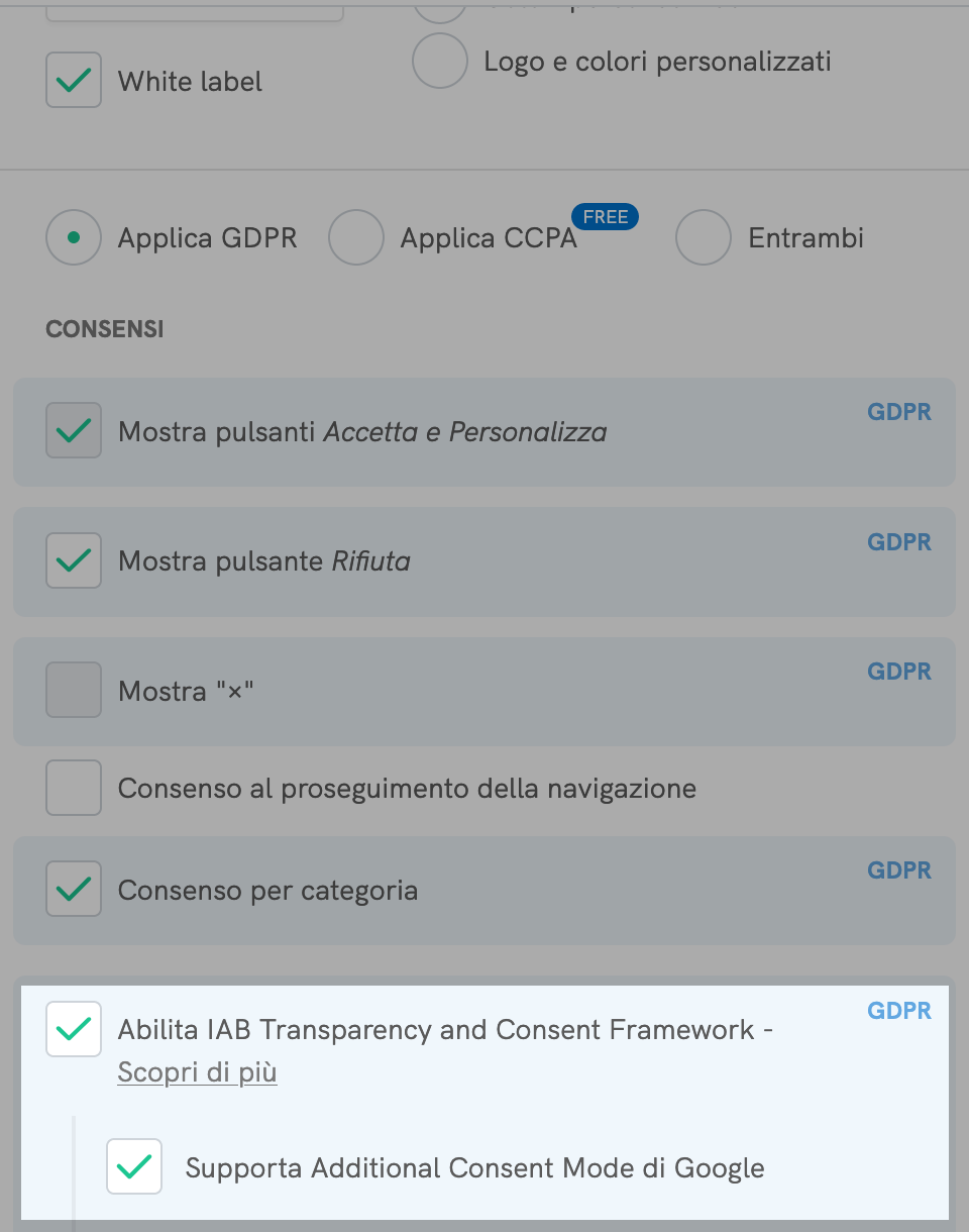 Abilita il supporto alla versione 2.0 del Transparency and Consent Framework di IAB