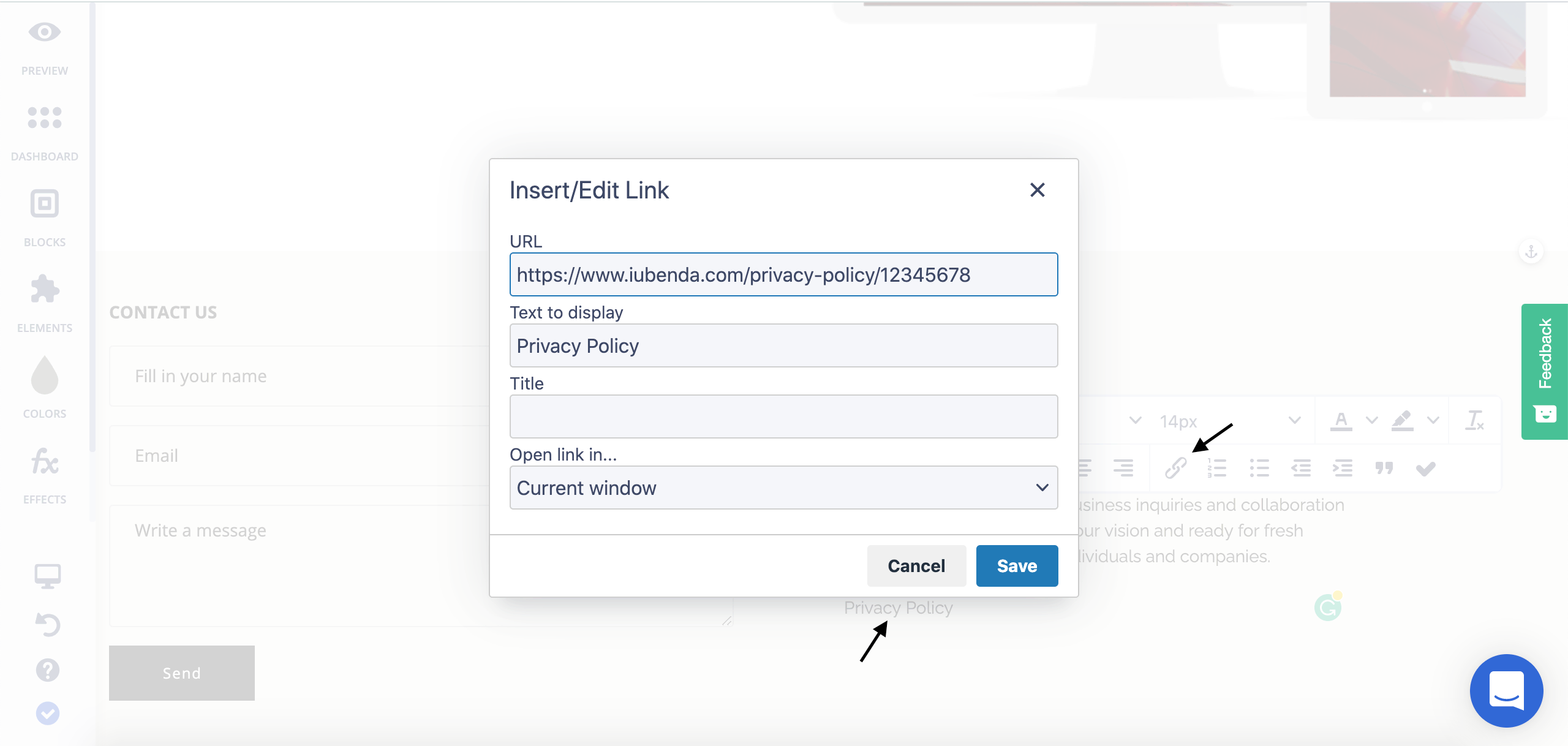 Enlace a una Política de Privacidad en un sitio web creado con Ucraft