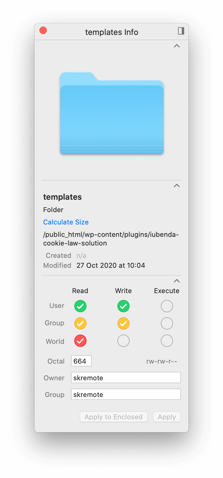 Templates folder permissions (iubenda WordPress plugin)