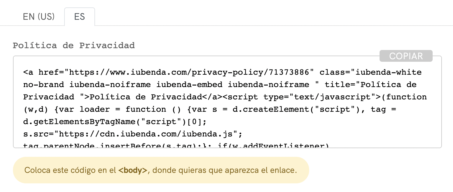 Privacy policy sample embed code