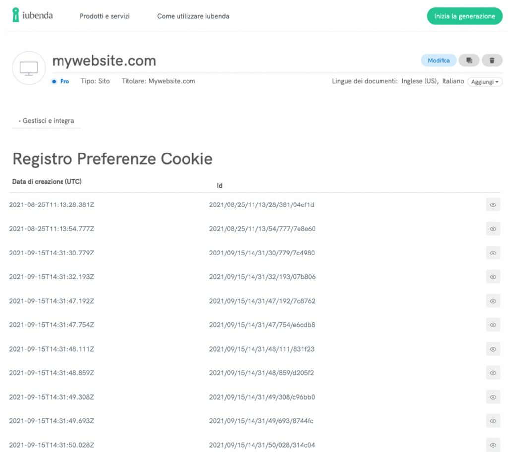 registro preferenze cookie dashboard