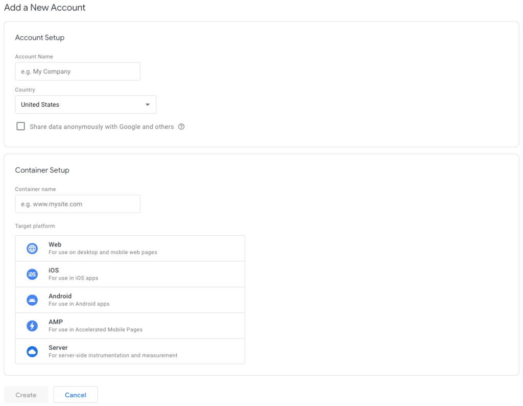 Google Tag Manager - New container