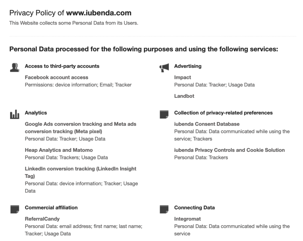 sample privacy policy for website - iubenda