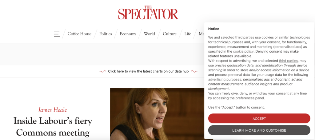 the spectator cookie popup
