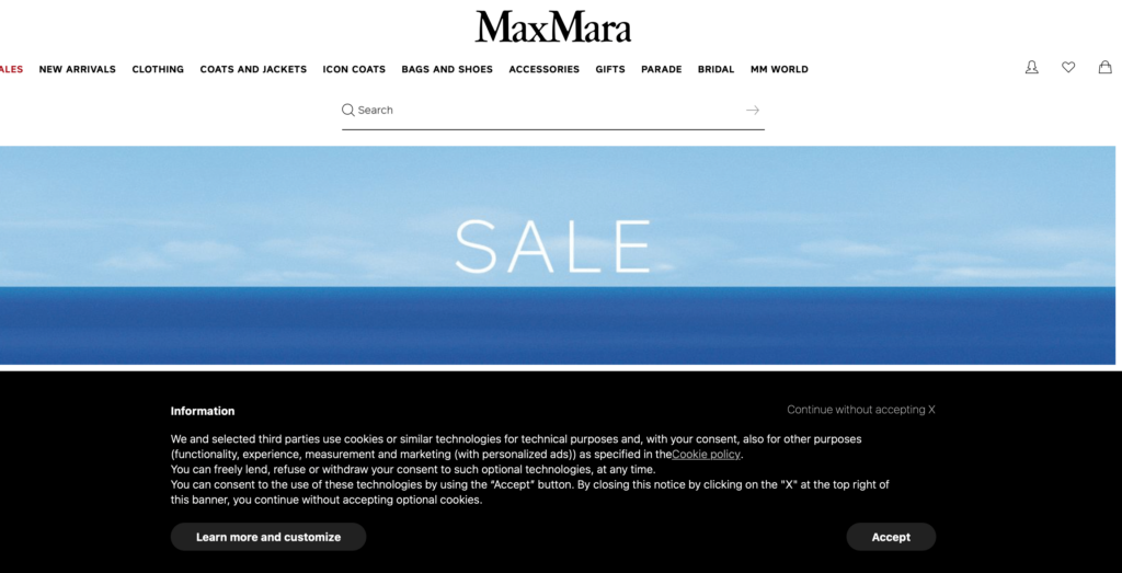 Cookie policy example from the MaxMara site